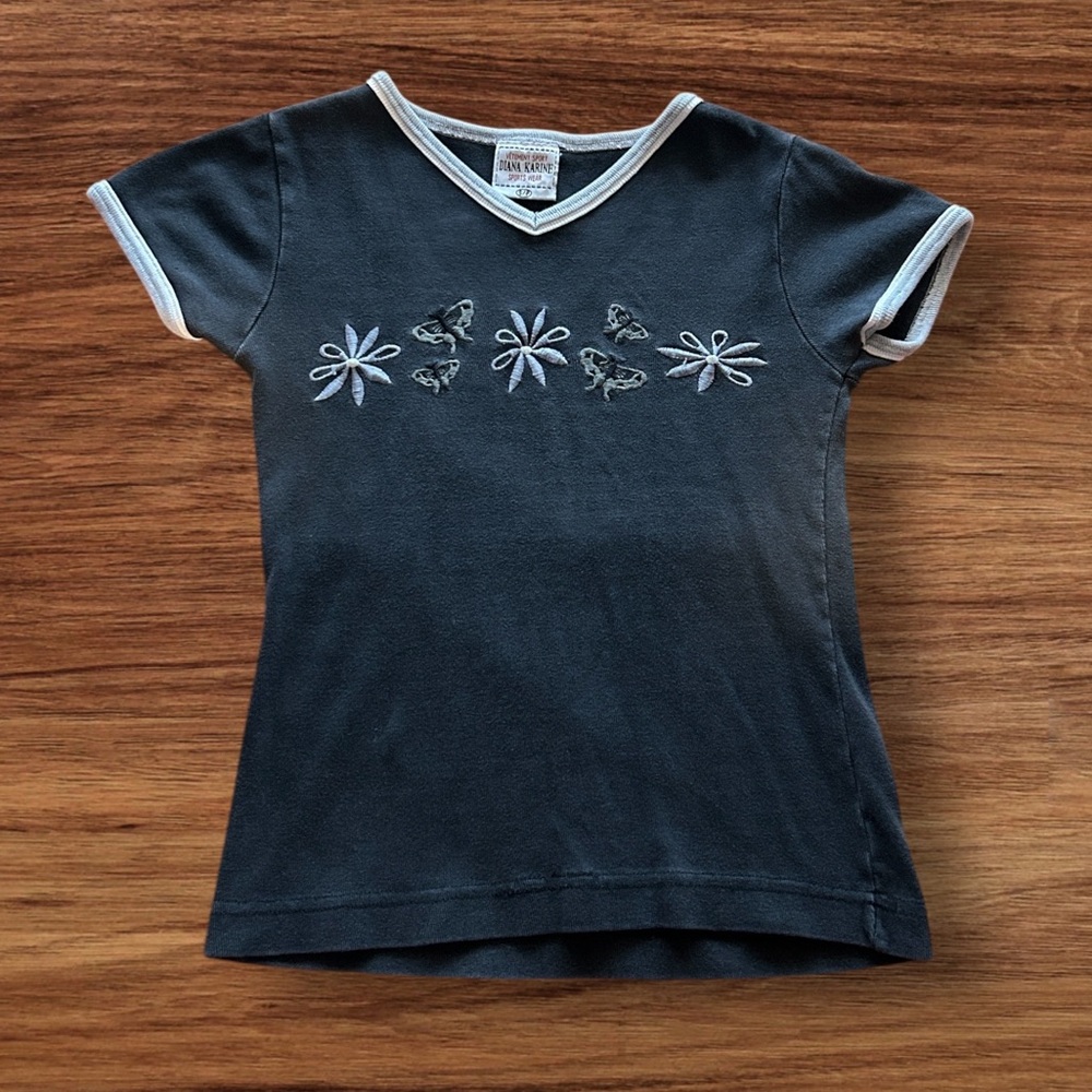 Vintage Y2K Baby Tee embroidered butterfly baby tee blue floral baby tee